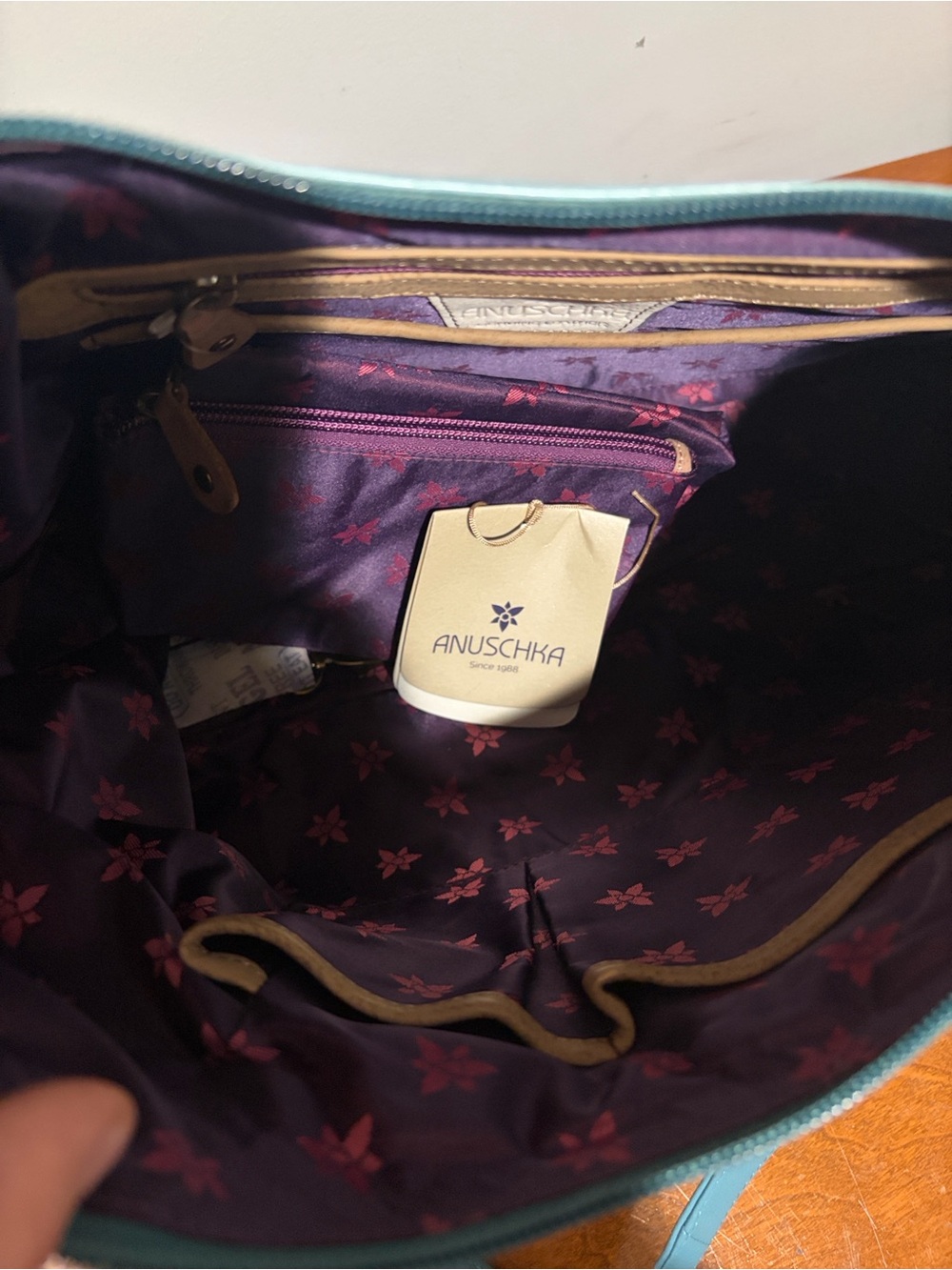 Anuschka Teal Hand-Painted Panther Shoulder Bag with Botanical Motif - Picture 3 of 3
